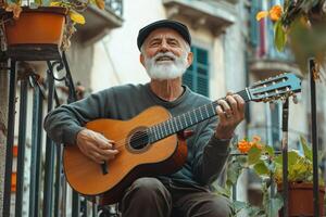 Senior musician playing acoustic guitar on balcony with flower pots photo