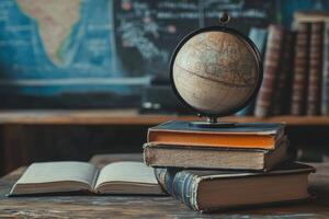 Globe on stack of books in classroom setting promoting education and geography photo