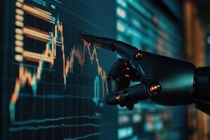 Robotic arm pointing at stock chart on digital screen photo