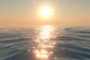 Golden sunset reflecting on calm ocean waters creating shimmering surface photo