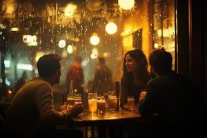 Friends drinking beer in a pub on a rainy night photo