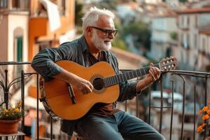 Senior musician playing acoustic guitar on balcony with scenic city view photo