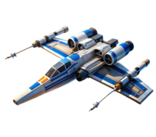 Blue and white futuristic spaceship flying in space with transparent background png