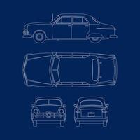 Outline blueprint of retro car on blue background vector