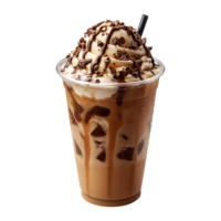 A cup of iced coffee with ice cream and a chocolate isolated on transparent background. png