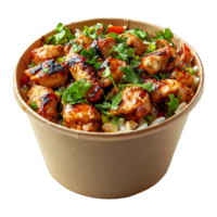 A container of chicken and rice in a brown paper container isolated on transparent background. png