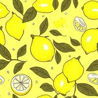 seamless pattern with lemons on yellow background vector