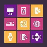 modern payment methods icons on color squares, payment with wearable devices pictogram, contactless card, illustration vector