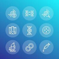 genetics line icons set, dna chain, replication, research, lab, gmo, genetic modification vector