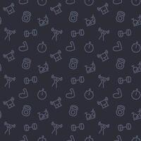 fitness, gym pattern, dark seamless background with line icons vector