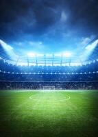 An empty soccer stadium with lights on the field photo