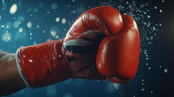 Dynamic boxing punches with red gloves in action with water droplets in the air, isolated on dark blue light background. photo