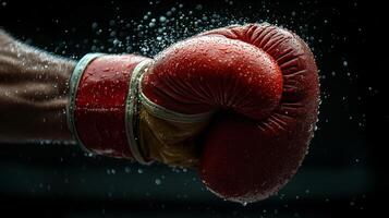 Powerful Punch with Red Boxing Glove Soaked in Water on Dark Background. Close-Up of Red Boxing Glove in Action with Water Droplets. photo