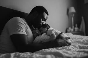 Father cuddling newborn twin babies in bed, black and white portrait photo