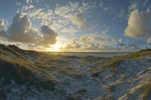 Panoramic view of sunset illuminating beach and sand dunes photo