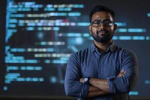 Indian programmer standing with crossed arms in front of computer code display photo
