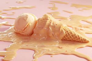 Melted ice cream cone and scoop on pink background symbolizing summer heat photo