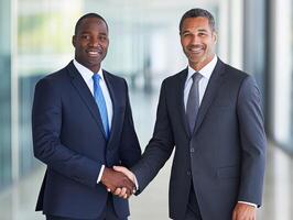 Two businessmen shaking hands in modern office, symbol of successful partnership photo