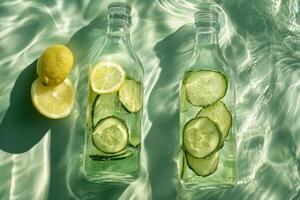 Cucumber and lemon detox water in glass bottles refreshing summer drink photo