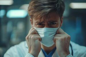 Exhausted doctor removing protective mask after long shift in hospital photo