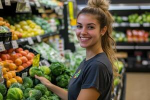 Smiling greengrocer choosing savoy cabbage in supermarket photo