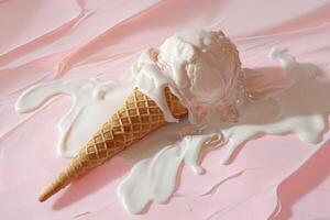 Melted strawberry ice cream dripping from waffle cone on pink background photo