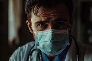 Portrait of tired young doctor wearing protective face mask photo