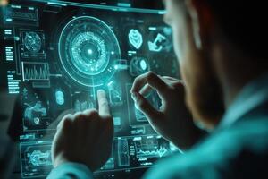 Doctor using futuristic interface with medical data analysis and diagnosis in hologram projection photo
