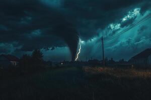 Powerful tornado destroying houses in village at night with lightning strike photo