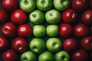 Fresh ripe red and green apples forming a cross shape on dark background photo