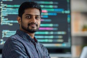 Indian programmer smiling at the office while working on code on computer screen photo