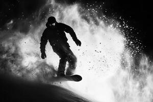 Snowboarder doing a trick and splashing snow on a slope photo