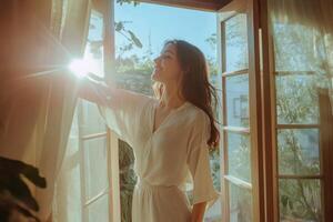 Young woman opening curtains and letting sunlight into room photo