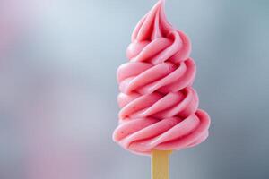 Vegan strawberry ice cream swirling on wooden stick, refreshing summer treat photo