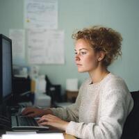 Portrait of a young businesswoman working on computer at office. Business and working. Employee at work photo