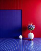 A vase with flowers sitting on a blue and red floor photo