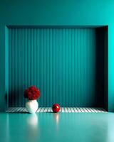 A vase with flowers and a red apple on a table in front of a blue wall photo