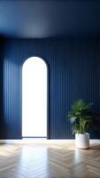An empty room with blue walls and a large window photo