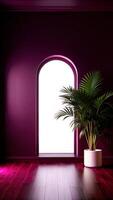 A purple room with an arched window and a potted plant photo