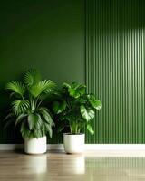 Green wall with two potted plants in front of it photo