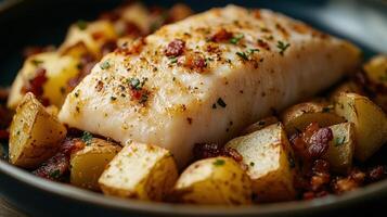 Appetizing Baked Flaky Fish Dish with Roasted Vegetables and Herbs photo