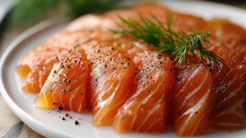 Gourmet Presentation of Cured Salmon Gravlax on a White Plate with Dill Garnish photo