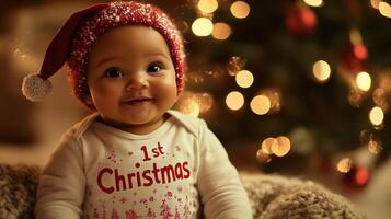 Joyful Baby s First Christmas in Festive Onesie and Sparkling Lights photo