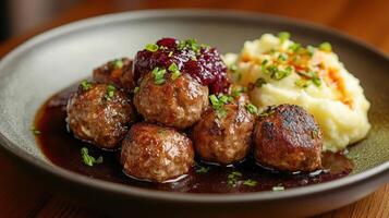 Delectable Plate of Swedish Meatballs with Creamy Mashed Potatoes and Cranberry Sauce photo