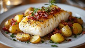 Gourmet Lutefisk and Potato Dish with Elegant Presentation and Garnish photo