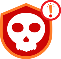a skull and warning on a red shield png