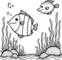 A coloring page with fish and seaweed vector