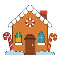A gingerbread house with candy and candy canes on the front of it and a christmas scene behind it. vector