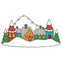 A cosy warm village into a snowy landscape with christmas lights - Christmas winter theme - vector