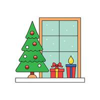 A christmas tree outside a window with a gift and a candle. Digital image. Christmas decor. vector